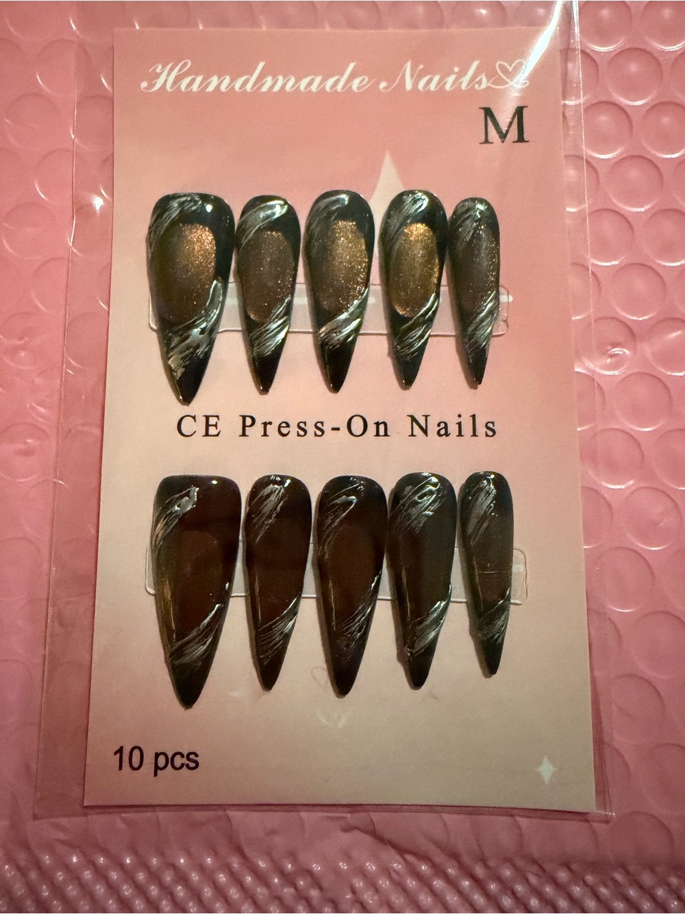 Handmade CE Press-On Nails in Shimmery Brown & Black - 10 pcs